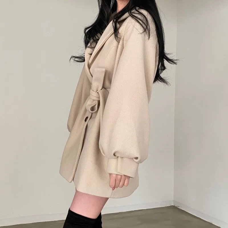 HOUZHOU Winter Vintage Wool Coat Women Autumn Winter Korean Fashion Oversize Jacket Old Money Style Streetwear Tweed Outwear