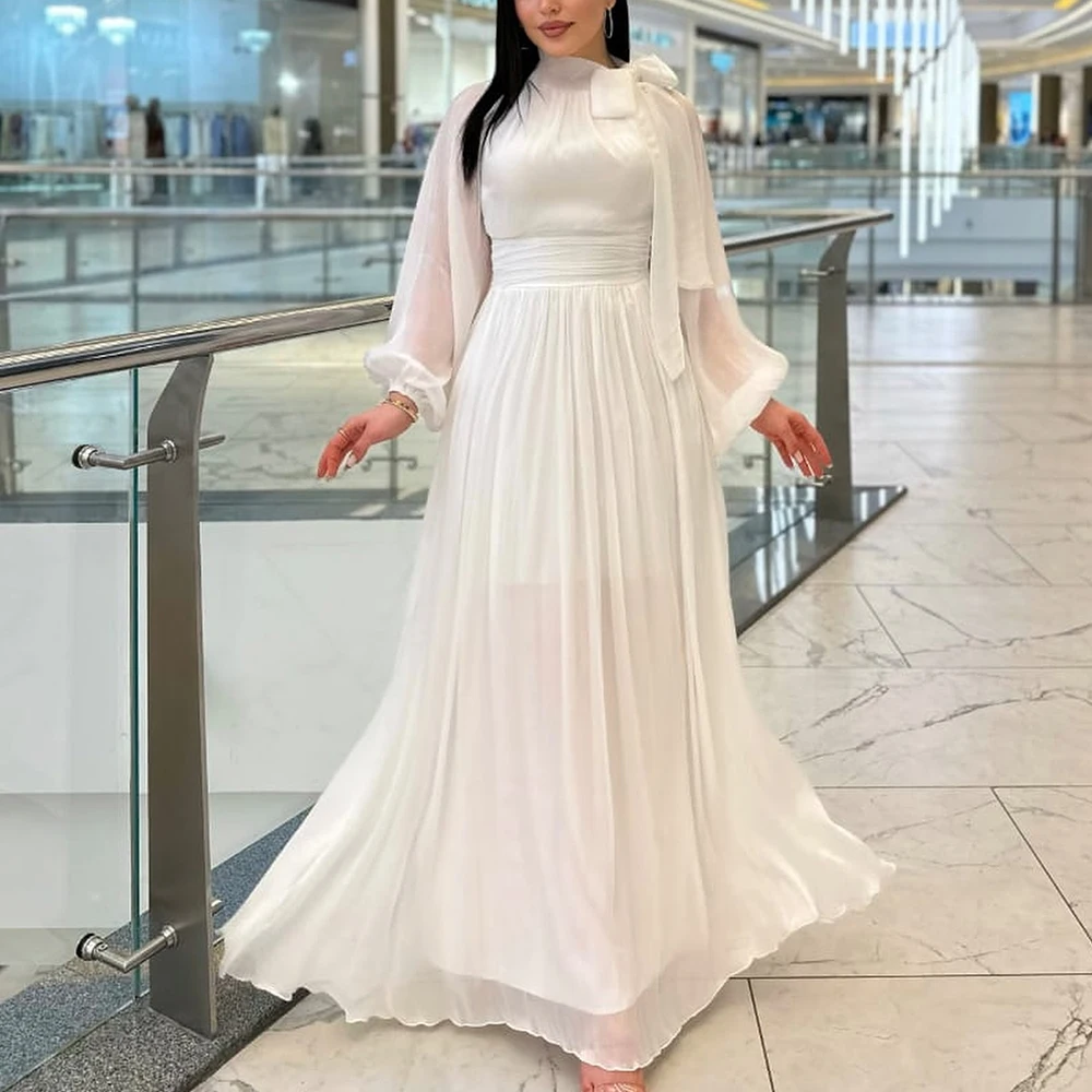 

High Collar Long Sleeves Chiffon Straight Floor Length Evening Dress Sweep Train Bow Photo Color Bespoke Occasion Gowns Classic