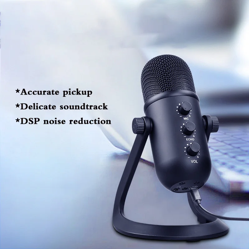 Mikrofon Kondensor Gema dengan Tiang untuk PC Komputer Laptop Studio Rekaman Permainan Streaming Mikrofon Siaran Langsung Podcast