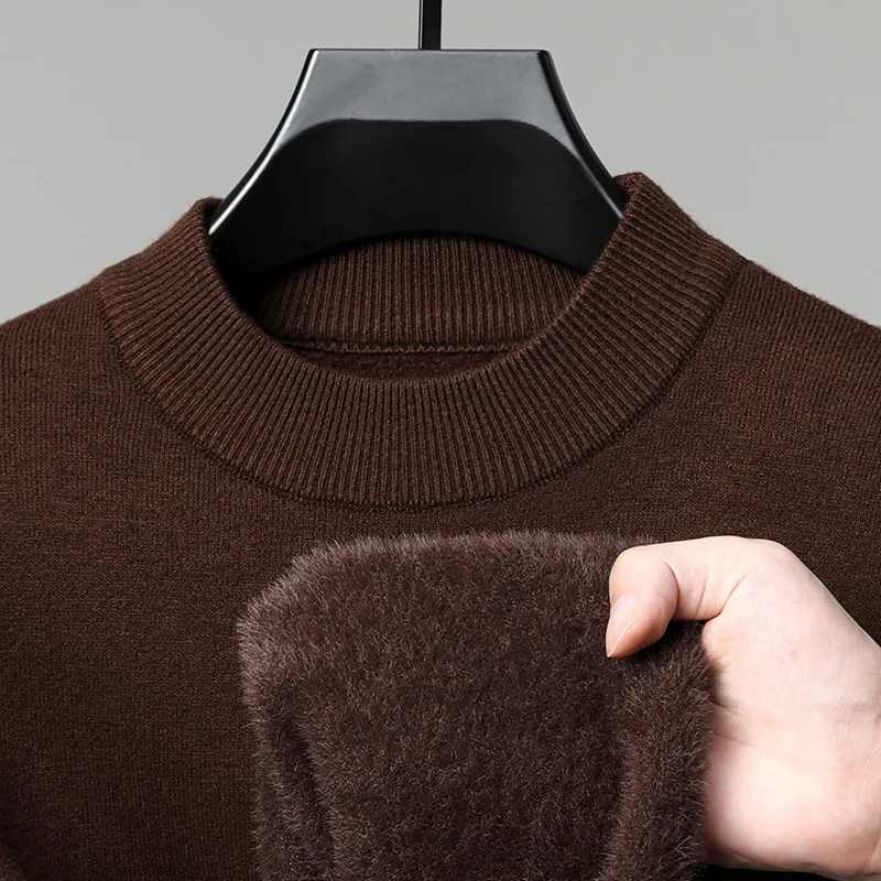 

Autumn Winter Men's Knitting Sweater Half High Collar Thickened Fleece Casual Pullovers Slim Fit Plush Warm Knitting Base Shirt