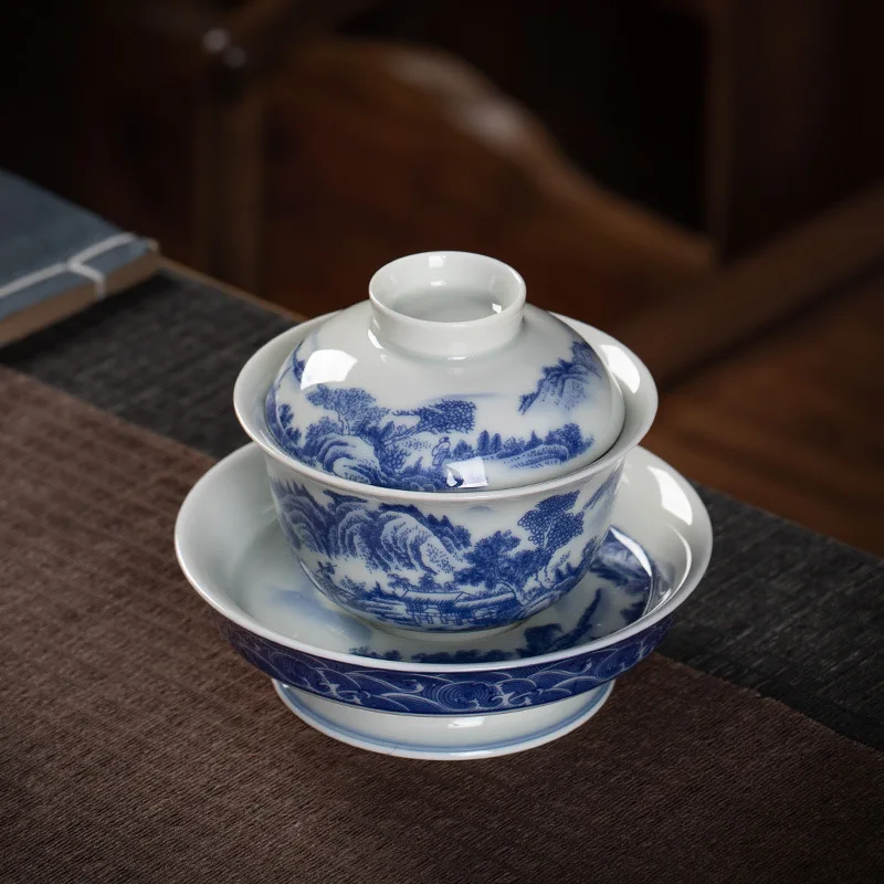 Jingdezhen Blue and White Porcelain Foot Sancai Gaiwan Tea Cup Single High-End Household Ceramics Kung Fu Brewing Coasters