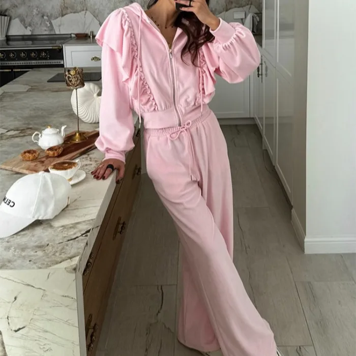 Korean Gentle Style Casual Set Women's Hat  Short Top plus Draped Wide Leg Pants Simple Two-Piece Set Autumn Fashion