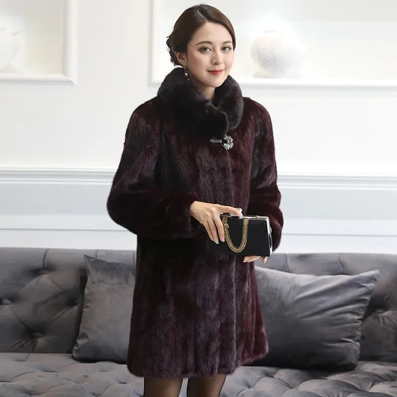 2022 New Slim Mink Fur Mid-aged Mink Coat For Women Full Mink Mid-length Slim Woman Coat Commuter Solid Color Stand Collar X0715