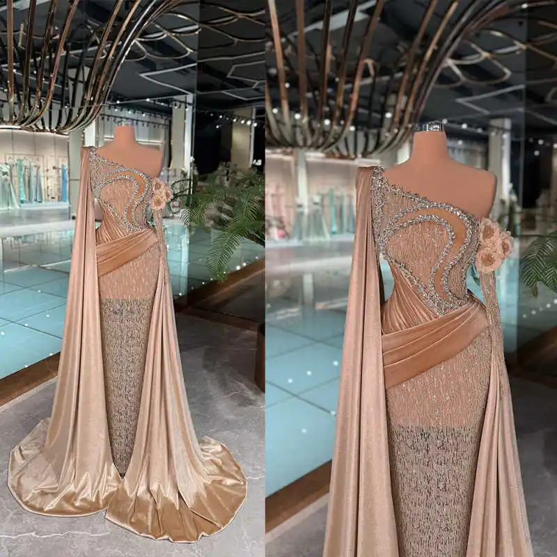 

Elegant One Shoulder Evening Dresses Long Sleeve Crystals Beading Mermaid Prom Gowns 3D Floral Formal Party Customized