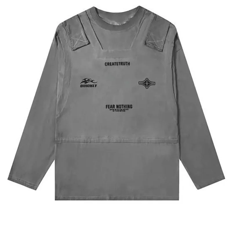 Spring Autumn Plus Size Fake Two Piece Workwear Long Sleeved T-shirt for Men Niche Hip Hop Functional Style Foldable Loose Tops