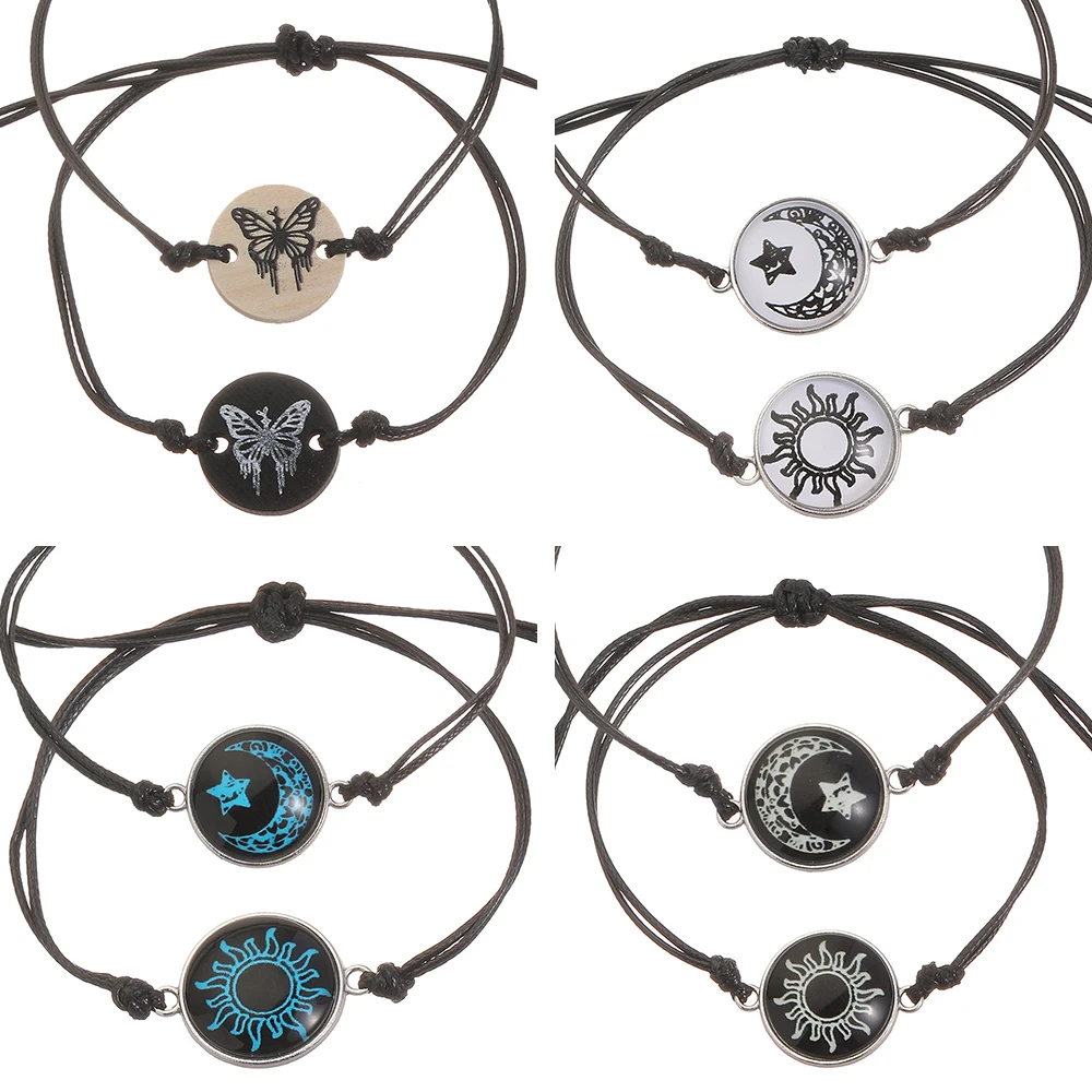 2 قطعة مضيئة الشمس القمر ستار فراشة أساور للأزواج للنساء الرجال اليدوية حبل مضفر عاشق مطابقة سوار مجوهرات هدية #6