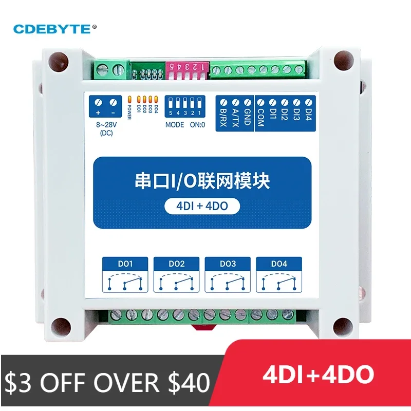 ModBus RTU Serial IO Module RS485 Interface 4DI+4DO 4 Digital Outputs Rail Installation 8~28VDC CDEBYTE MA01-AXCX4040