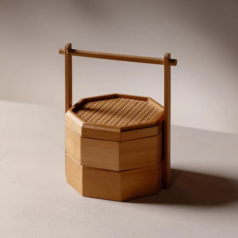 

Двухслойная бамбуковая восьмиугольная коробка, портативная корзина для хранения сухофруктов, закусок, пикника, кемпинга, еды с ручкой, сервировочный поднос