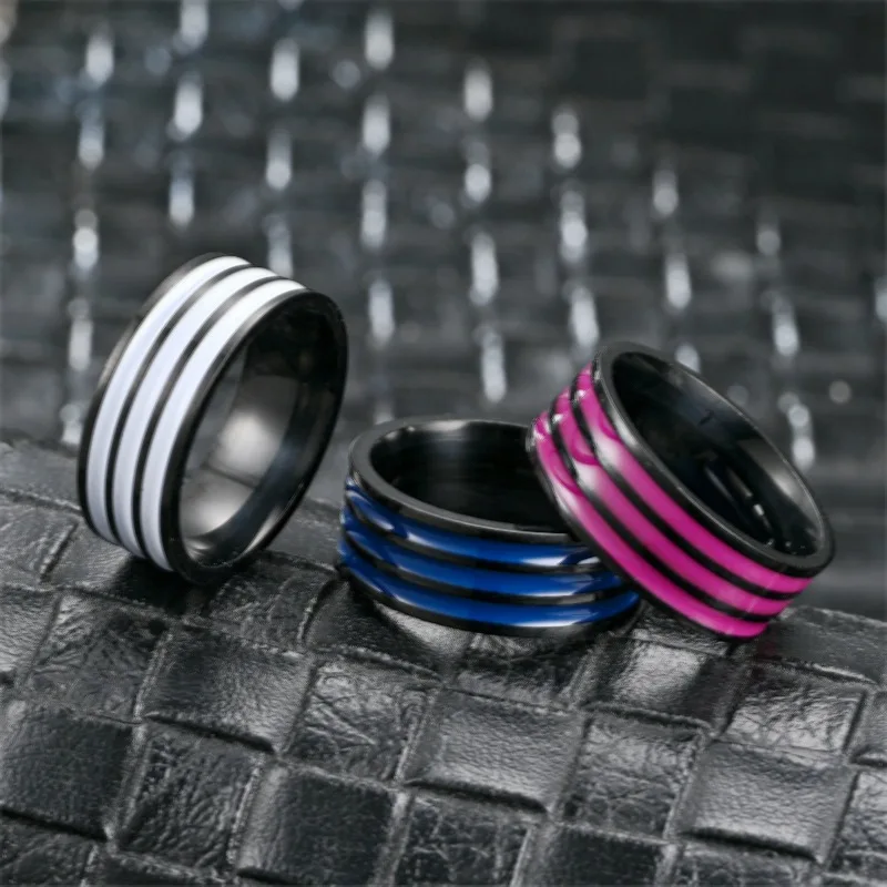 Fashion 8mm Women's Charm Ring with Stainless Steel Groove White Blue Purple Stripe Enamel for Couple Engagement Wedding Jewelry