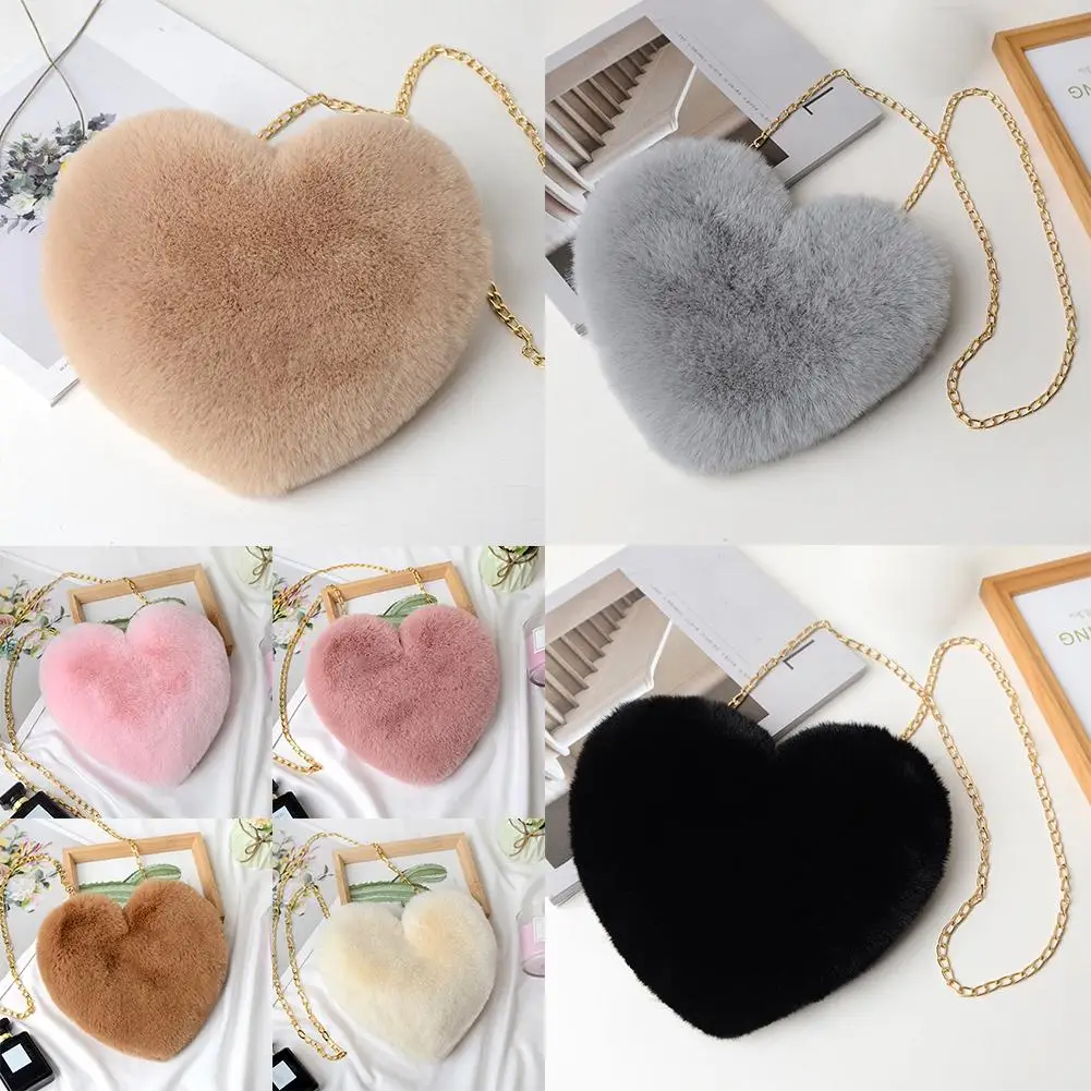 Fashion Women's Heart Shaped Handbags Cute Faux Fur Bags Chain Shoulder Totes Crossbody Shopper Plush Bag Lady Soft W7L0