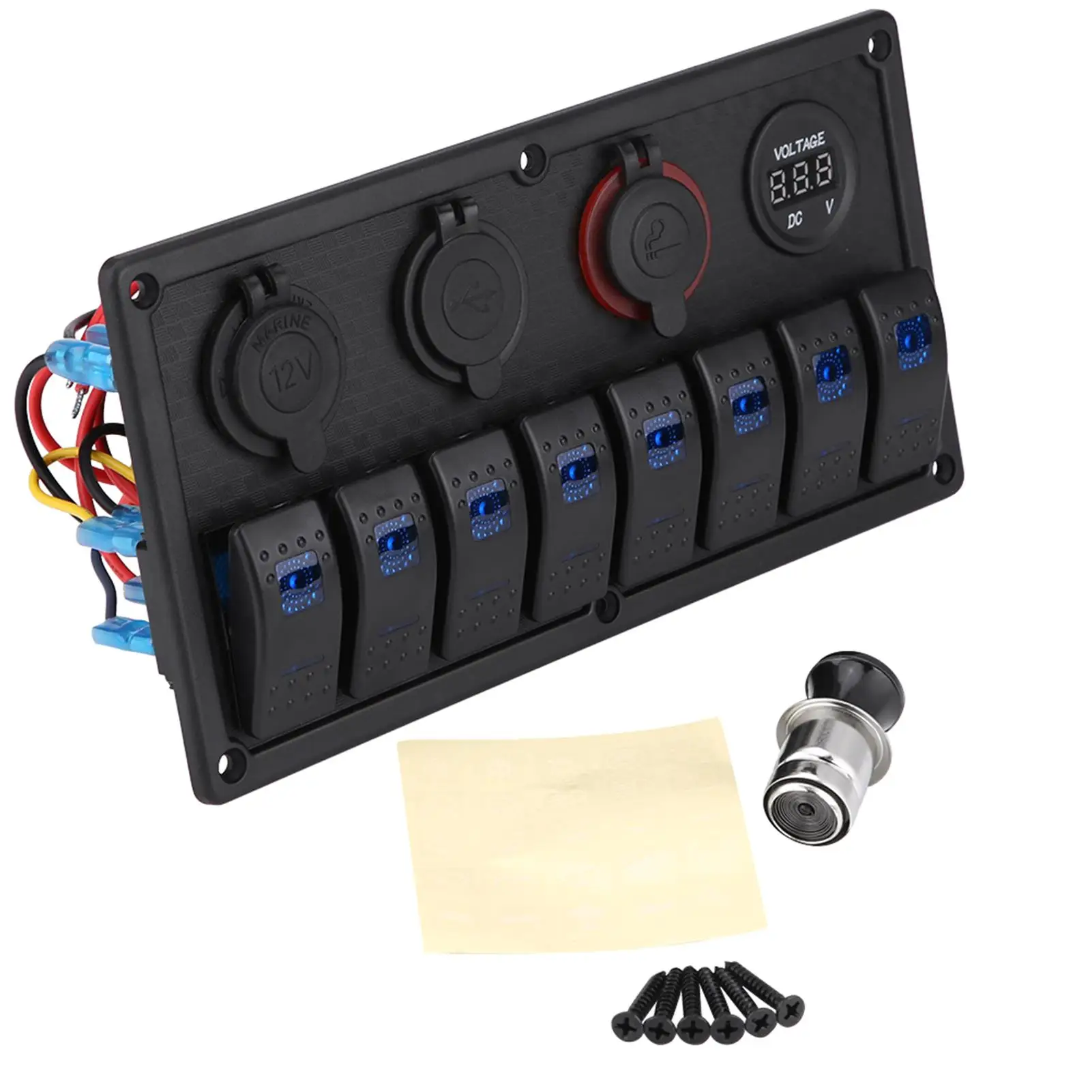 12V 24V 8 Gang Car Marine Boat Rocker Switch Panel Waterproof with Digital Voltmeter Dual USB Port Outlet Circuit