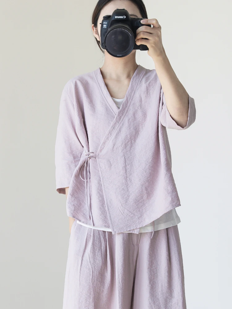 

Весенний шелковый топ с V-образным вырезом, женская свободная тонкая верхняя одежда для чайной церемонии, рукава три четверти, стандартная длина, с поясом