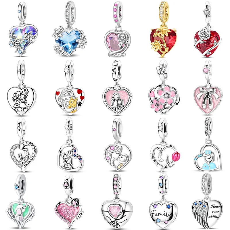 925 Sterling Silver Sparkling Zircon Hug Family Heart Shape Charms Pendants For Women Fit Original Bracelet DIY Jewelry Gifts