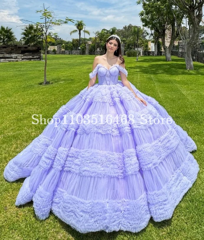 Vestido de princesa fora do ombro, Laço doce Glitter trem, roxo luxuoso, roxo lilás, 15 vestidos Quinceanera, México 15