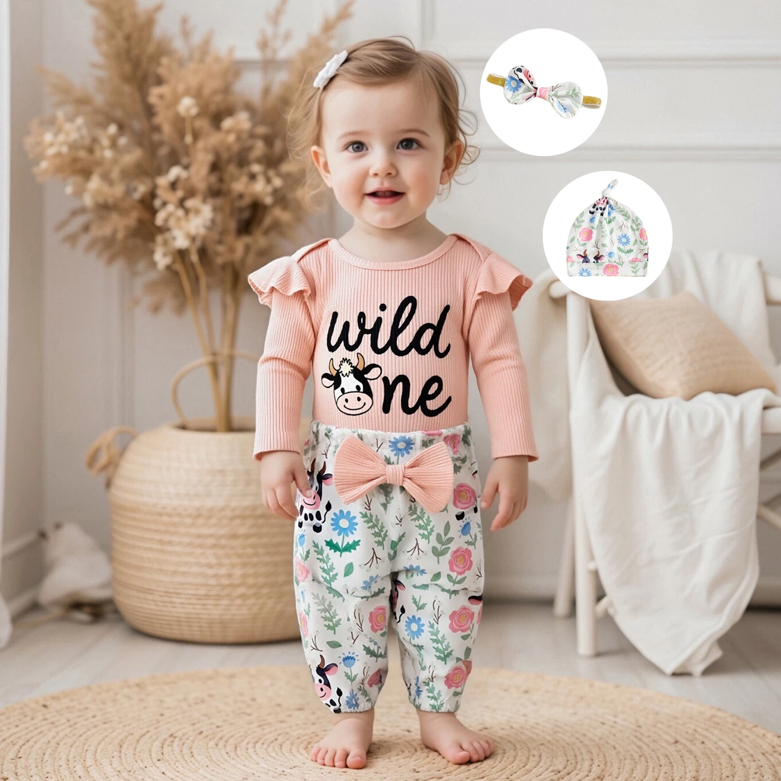 

Комплект из 4 предметов для маленьких девочек, комбинезон с длинными рукавами и круглым вырезом, комбинезон с вышивкой в виде животных, повязка на голову с бантом, штаны, комплект одежды, шляпа