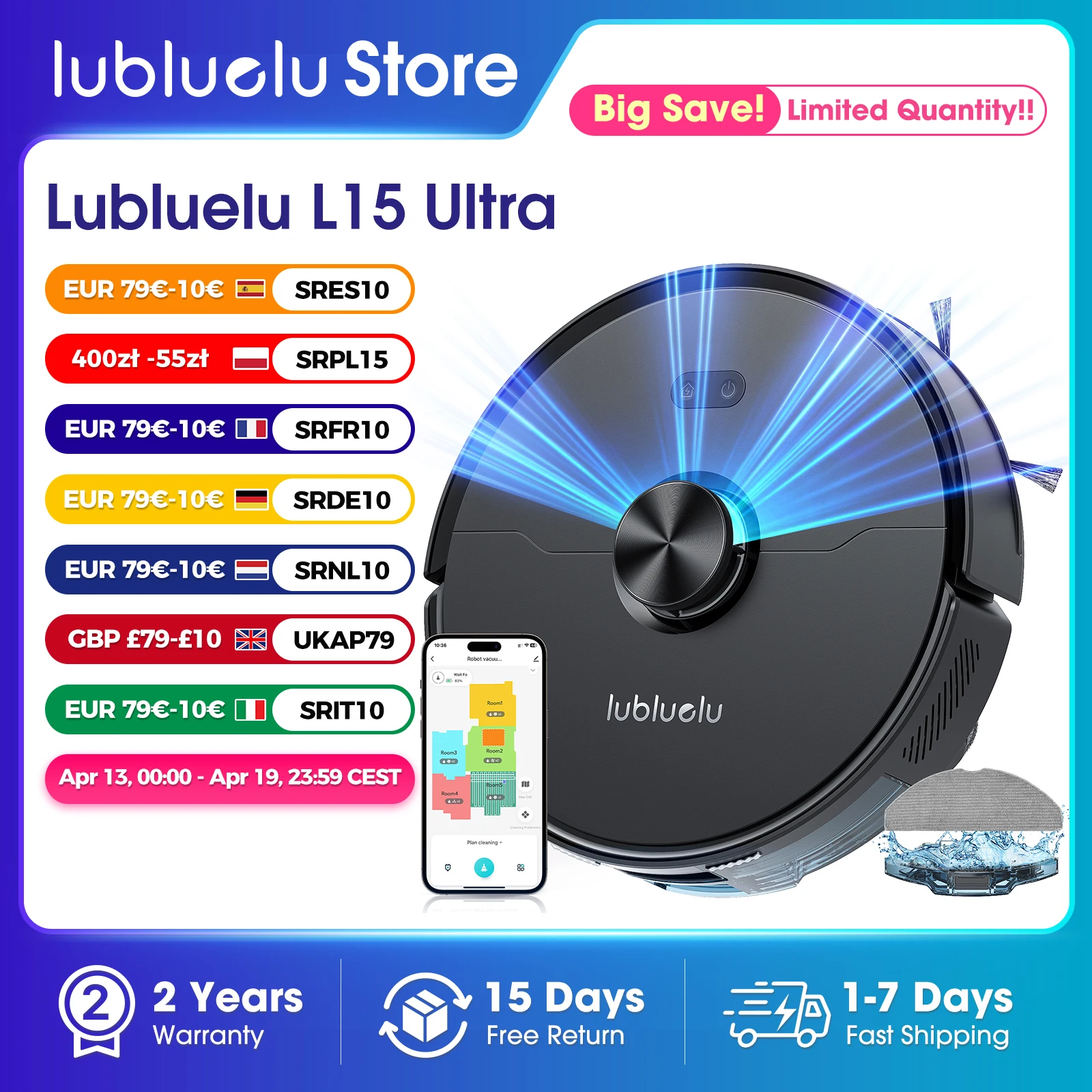 Lubluelu L15 Ultra 3-en-1 Robot aspirateur vadrouille Combo avec Navigation LiDAR aspiration 5500Pa charge automatique application intelligente 24 Zones No-go
