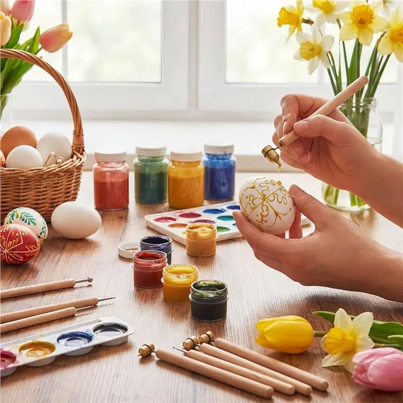For Ukrainian Pysanky Making Brass Tip Detail Pen With Clean Wire 4Pcs 4 Sizes Hot Wax Pens Wooden Fine Line Paint Pens