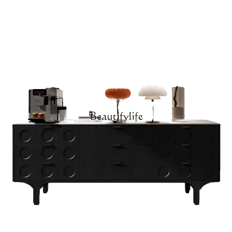 

Retro solid wood dining side cabinet, medieval integrated storage wabi sandy wind household rock slab mystery cabinet