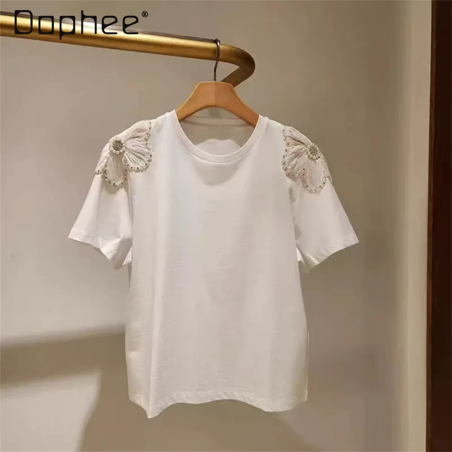 

2025 Summer New Sweet Bead Rhinestone Mesh Flower Round Neck Short-sleeved T-shirt Women French Temperament Loose Casual Top