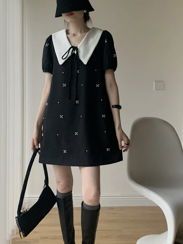 

plus Size A-Line Midi Dress with Bowknot Doll Collar Slimming Women's Summer Dress Korean Style Loose Fit Short Sleeve