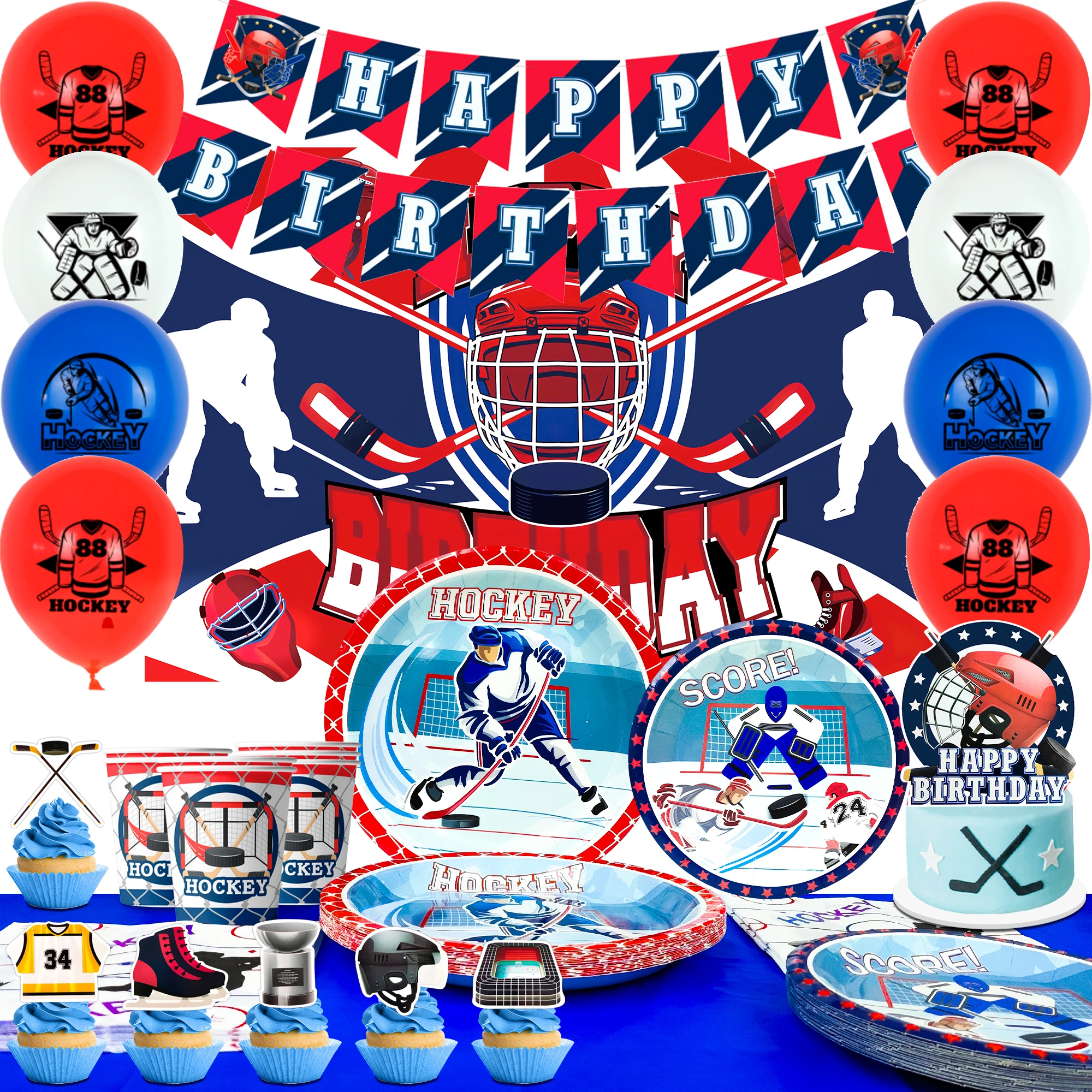 168 Pcs Hockey Party Decorations&Hockey Tableware Set-Balloons Banner Backdrop Tablecloth etc Ice Hockey Birthday Party Supplies