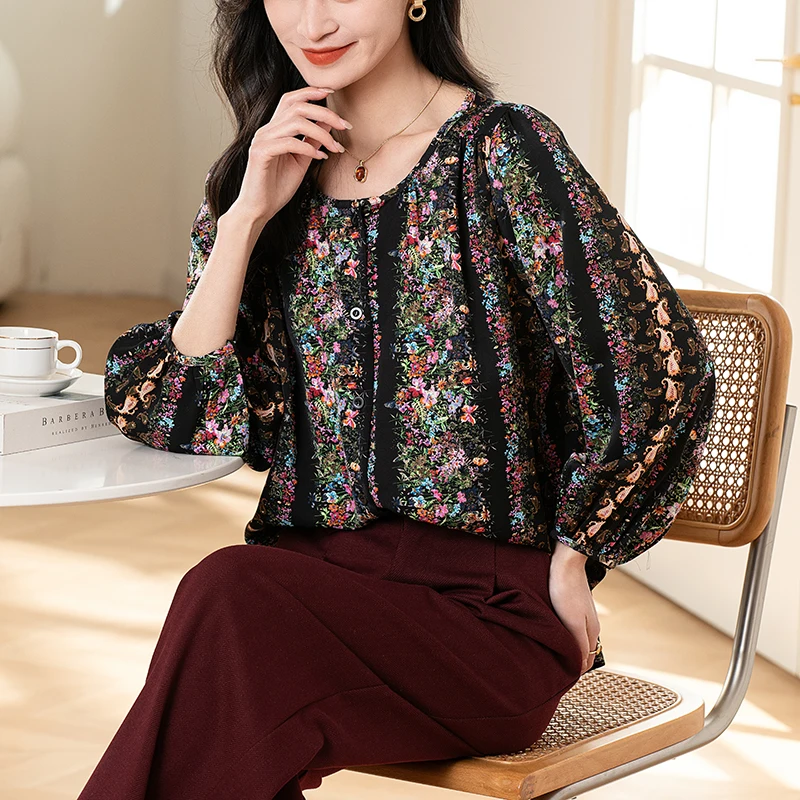 

2025 Spring Summer Tops New Fashion Loose Floral Printed Shirt Retro Latern Sleeve Women Blouse