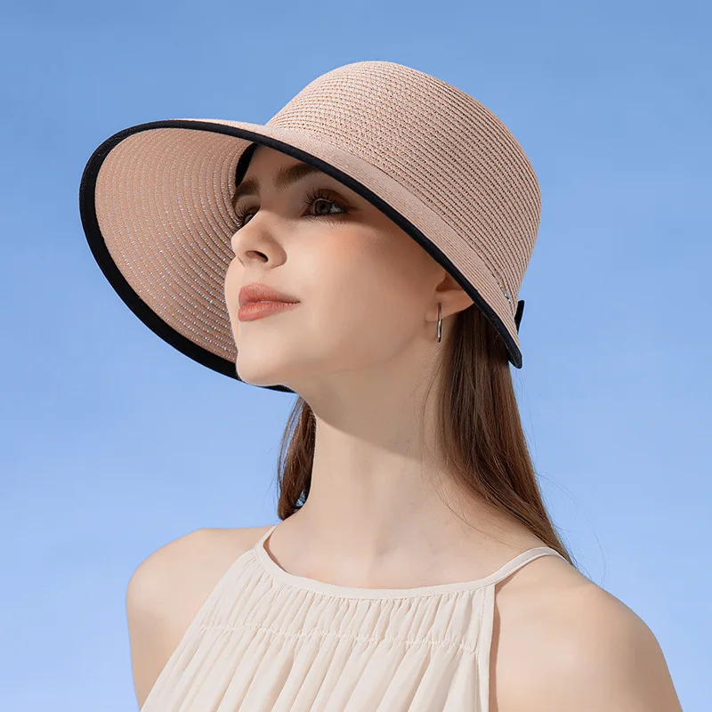 Summer Straw Empty Top Sun Hat Women Large Wide Brim Anti-UV Sunscreen Visors Outdoor Foldable Roll Up Travel Vacation Beach Cap