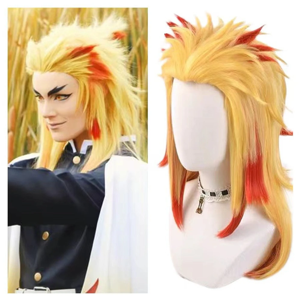 

Anime Demon Slayer Kimetsu no Yaiba Rengoku Kyoujurou Cosplay COSTUME Adult Unisex Wigs Synthetic Straight Wig Halloween Prop