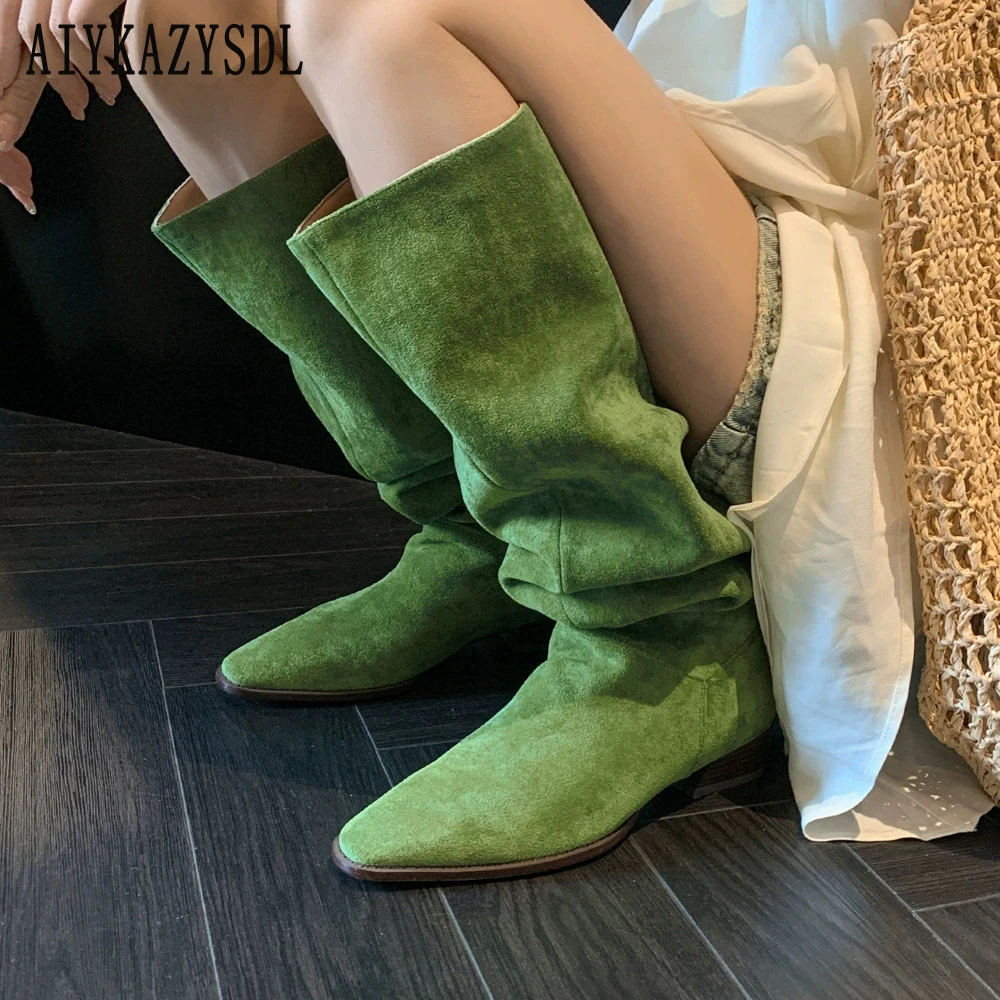 

AIYKAZYSDL Green Pink Pointed Toe Knee High Slouchy Boots Flock Suede Bootie Flat Heel Shoes Streetwear For Women High Quality