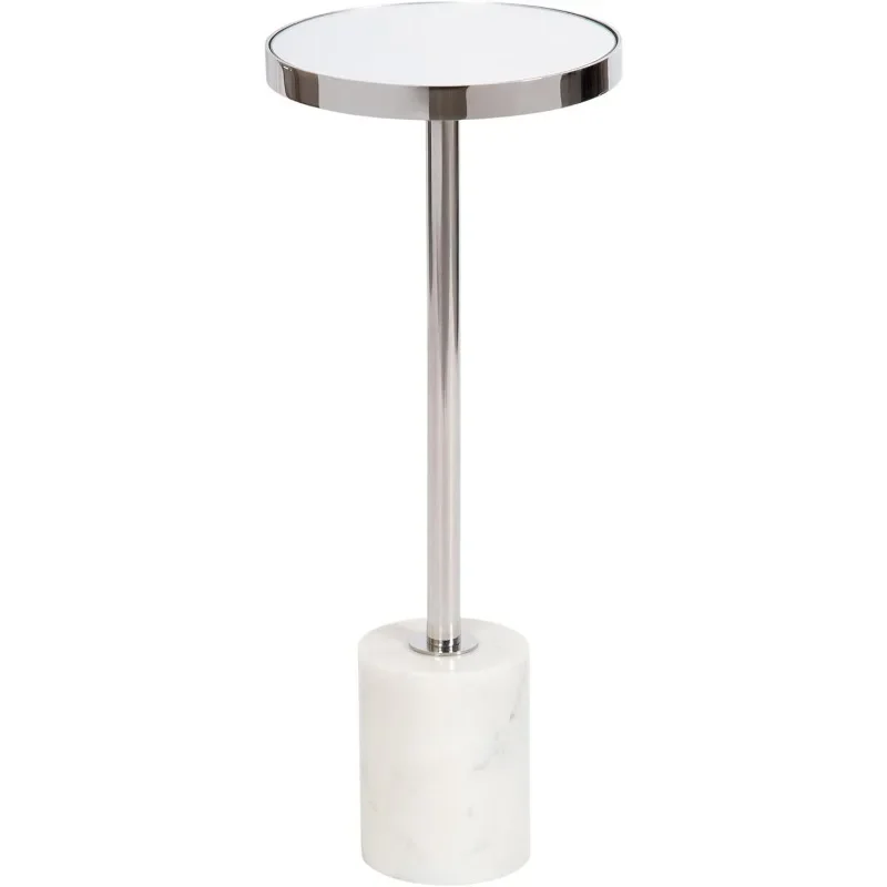 Hescott Modern Mirrored Drink Table,  White Marble and Silver, Glam Round Accent Table with Premium Marble Base and Mirror