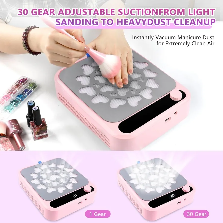 เครื่องดูดฝุ่นเล็บพร้อมไฟ LED 2 ชิ้น ฟิลเตอร์แบบใช้ซ้ำได้ แปรงทำความสะอาด พัดลมดูดฝุ่นเล็บ