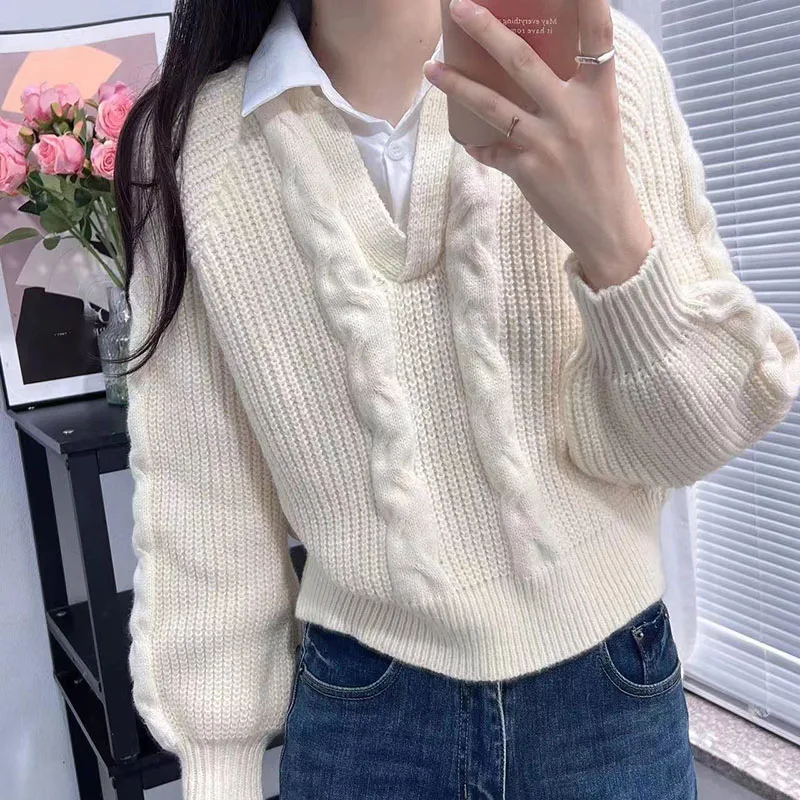 

Fashion Fake Two Pieces Knitted Pullovers Women Korean Patchwork Turndown Collar Sweater Female Autumn Winter Twist Knit Jumpers