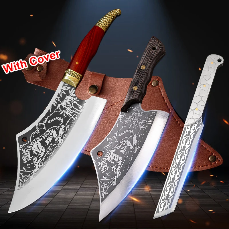 Longquan kitchen knife household forging and cutting knife stainless steel tiger pattern chopping knife Outdoor meat cleaver