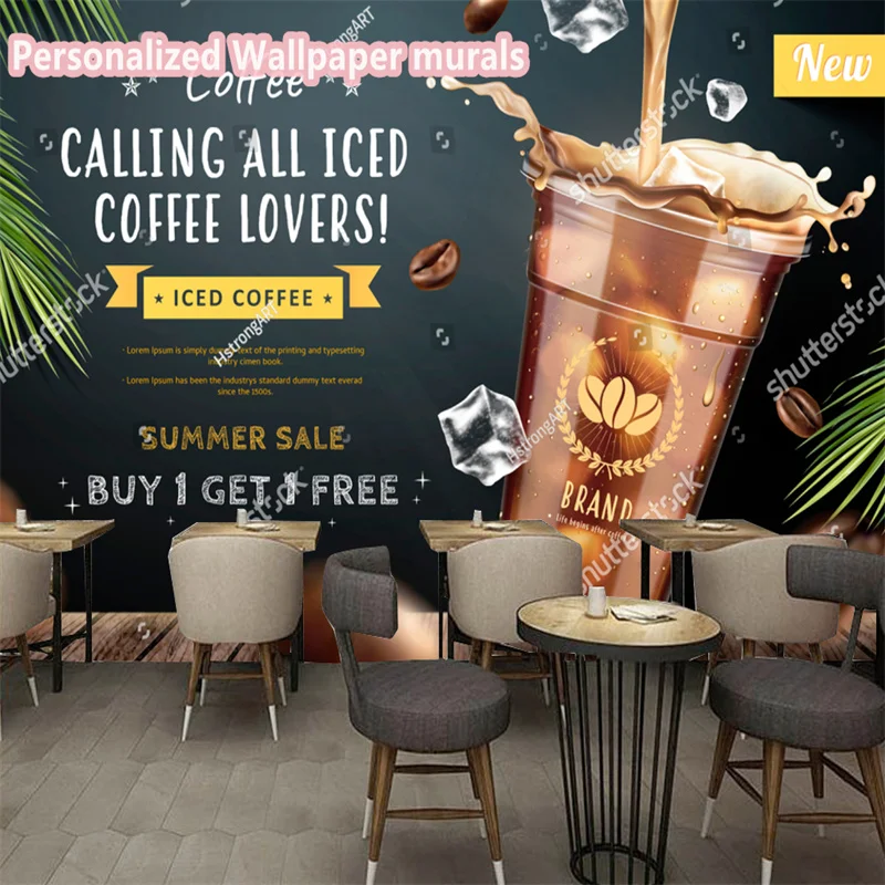 Custom Iced Coffee on Blackboard Wallpaper 3D Cold Drink Store Coffee Shop Cafe Decor Mural Personality Snack Bar Wall Paper 3D