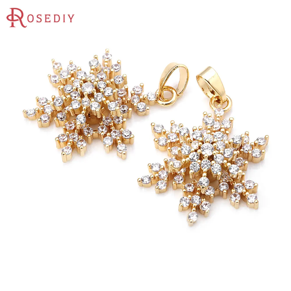 

4PCS 18K Gold Color Brass and Zircon Double Layer Rotatable Snowflake Necklaces Charms Pendants High Quality Diy Jewelry Making