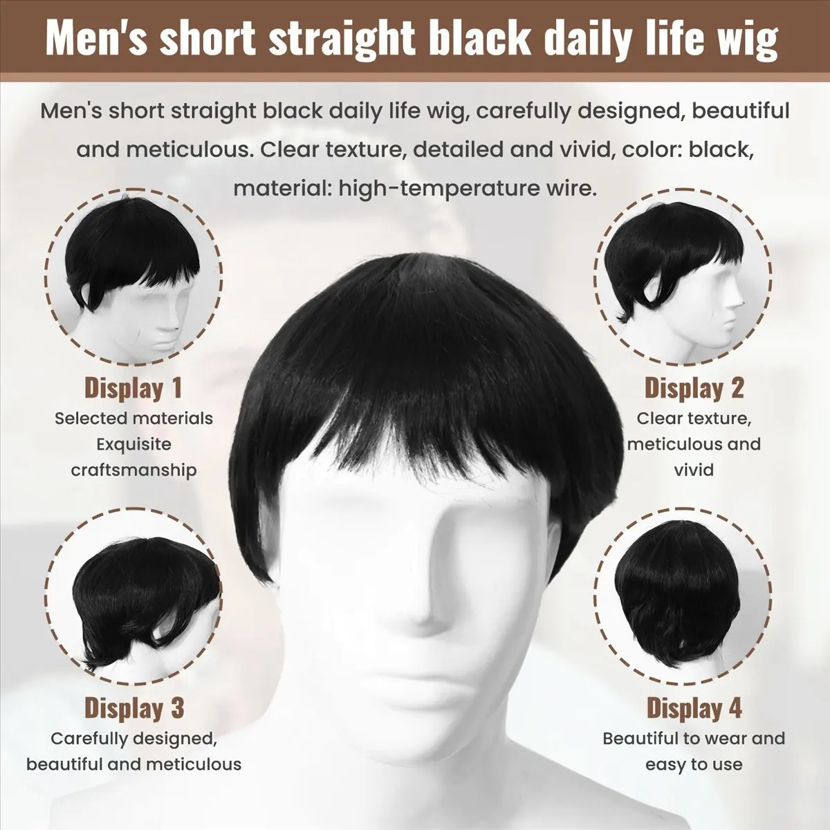 Mens short straight Black full wig-ABFB