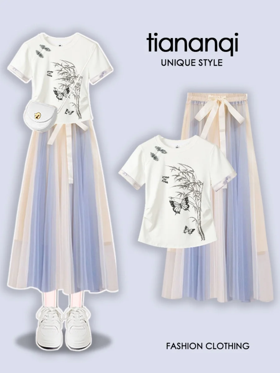 

Salt Series plus Size ort Sve Embroidered Patchwork Color Blo Me Skirt Faionable Summer Top Bot Ensemble