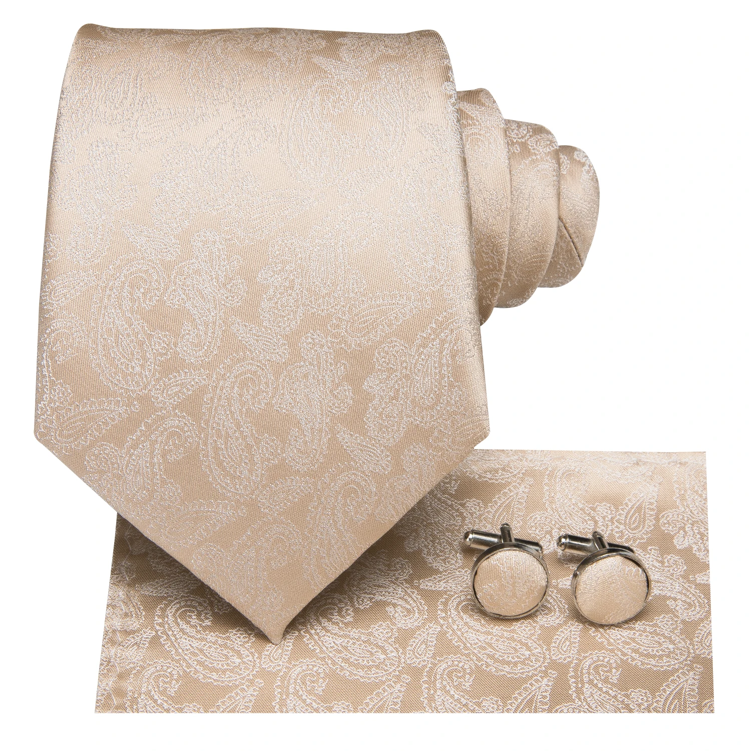 Men's Champagne Ivory White Solid Tie & Cufflinks Set, Wedding