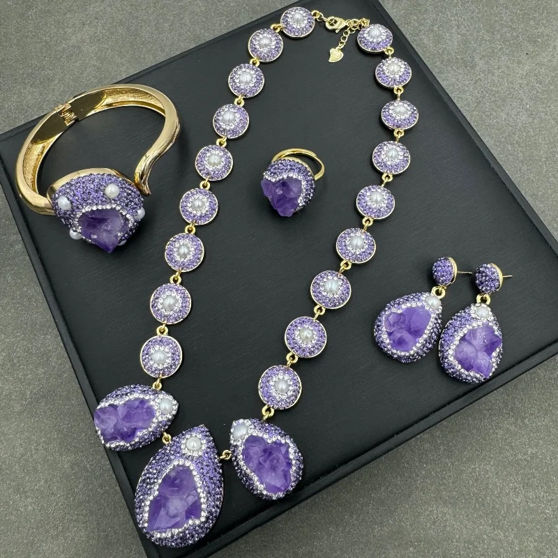 

Set Amethyst white pearl Baroque inlay zircon pendant necklace bracelet earrings ring woman's jewelry party