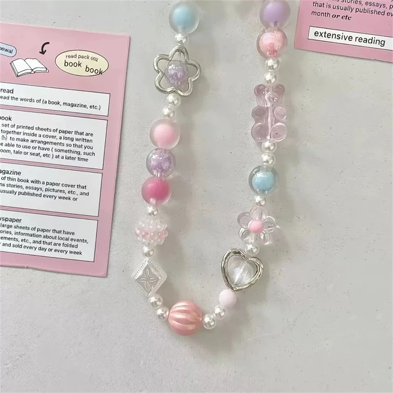 Cute Pink Bear Bow Pendant Beaded Phone Chain For iPhone Fashion Hanging Rope Women Anti-lost Lanyard Jewelry Charm Strap Gift