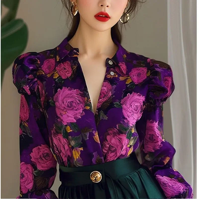 Vintage Hong Kong Winds Purple Floral Shirt Women Spring Light Luxury Unique Fashion Lapel Collar Puff Sleeve Long Sleeved Shirt