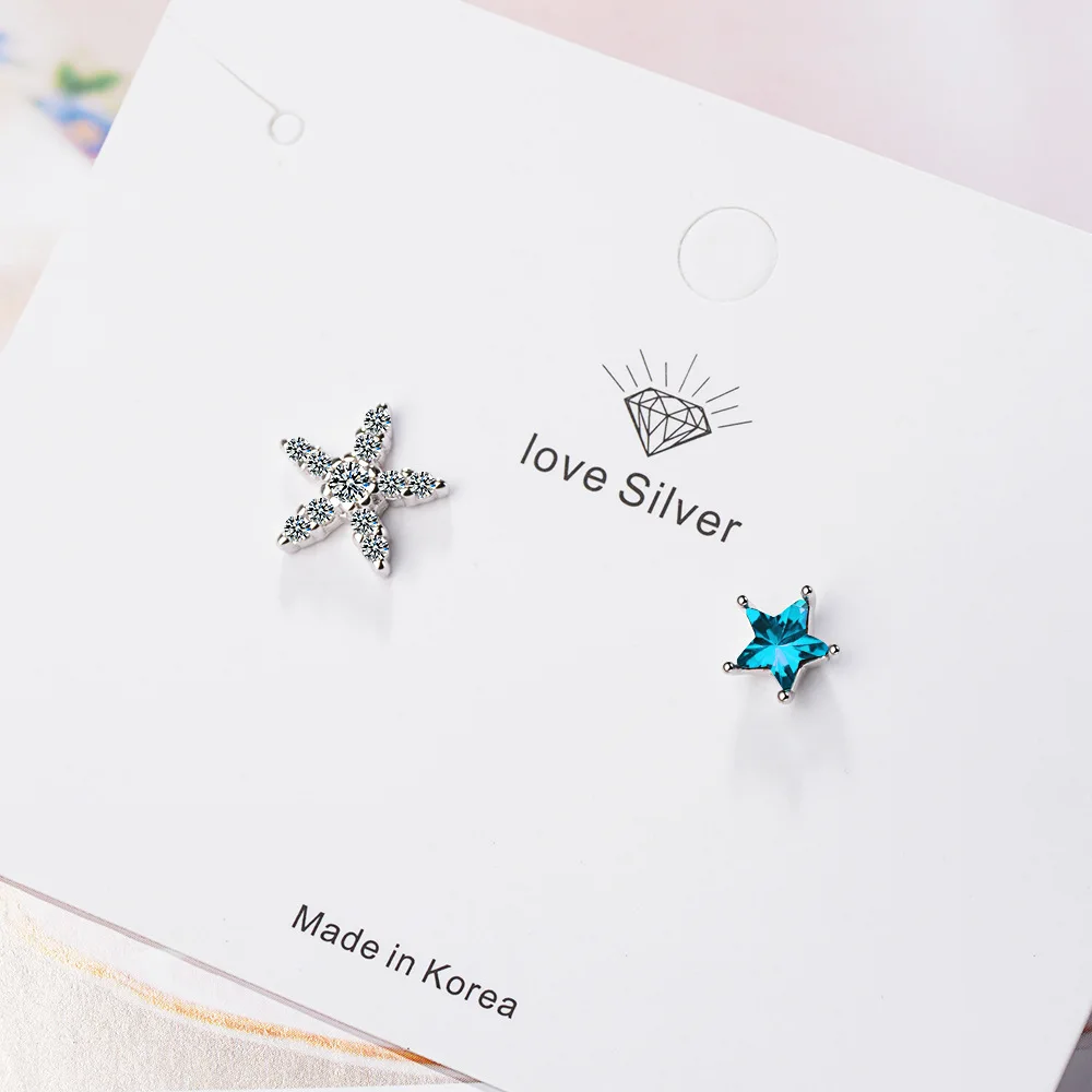 

925 Sterling Silver Blue Star Crystal Asymmetry Stud Earrings For Women Piercing Luxury Jewelry 2024 Trend GaaBou Jewellery