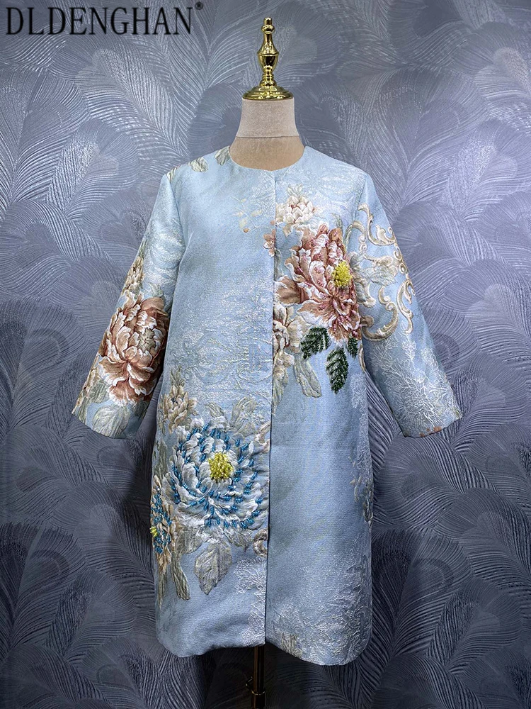 

DLDENGHAN Women's Vintage medium and long O-Neck Long Sleeves Concealed Buttons Jacquard Beading Autumnal Coat