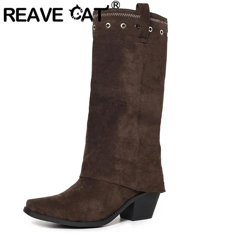 

REAVE CAT Brown Female Knee High Boots Square Toe 6cm Block Heels Slip On Flock Suede Big Size 42 43 44 Leisure Daily Tall Bota