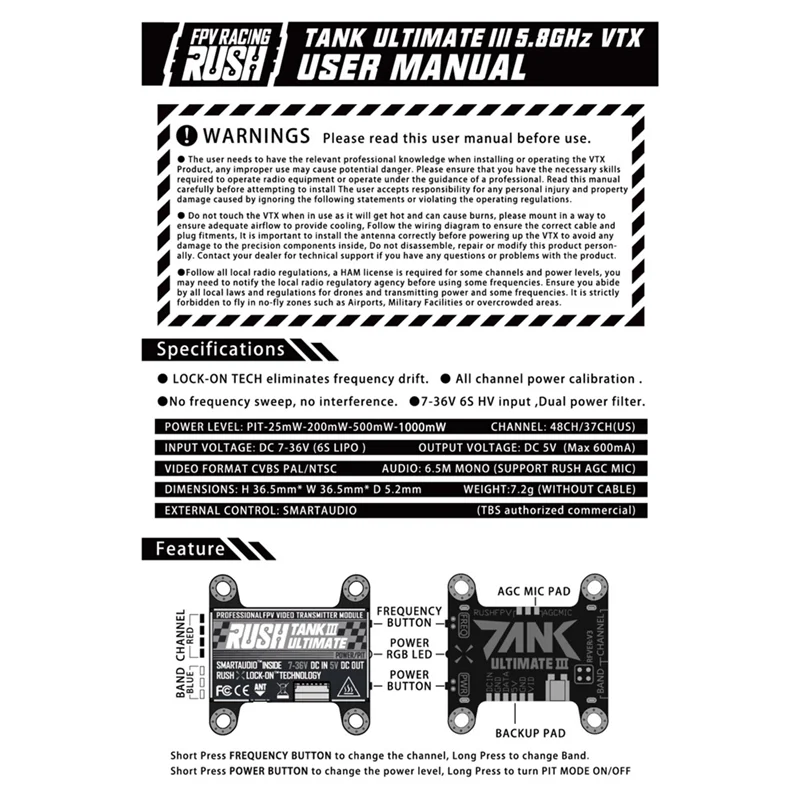 BNVN-RUSH TANK III For RC Racing Drone 5.8G VTX 48CH Switchable Transmitter- PIT/25/200/500/1000Mw Ultimate