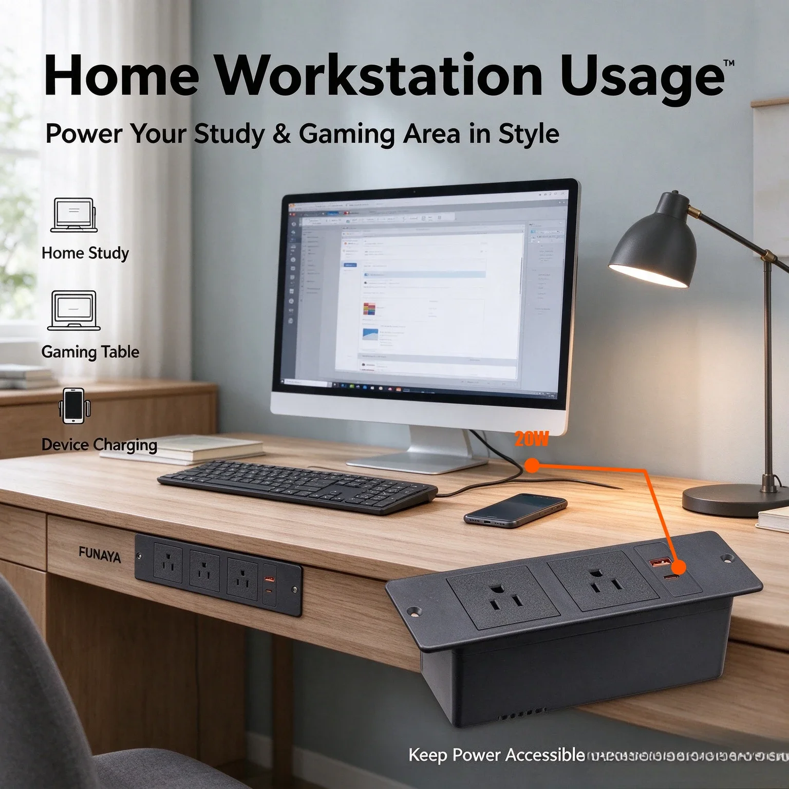 FUNAYA Built-in Table Hidden Sockets US THA MX JAPAN Plug 20W USB-A C Furniture Desktop Power Extension 2/3 AC Electric Outlets