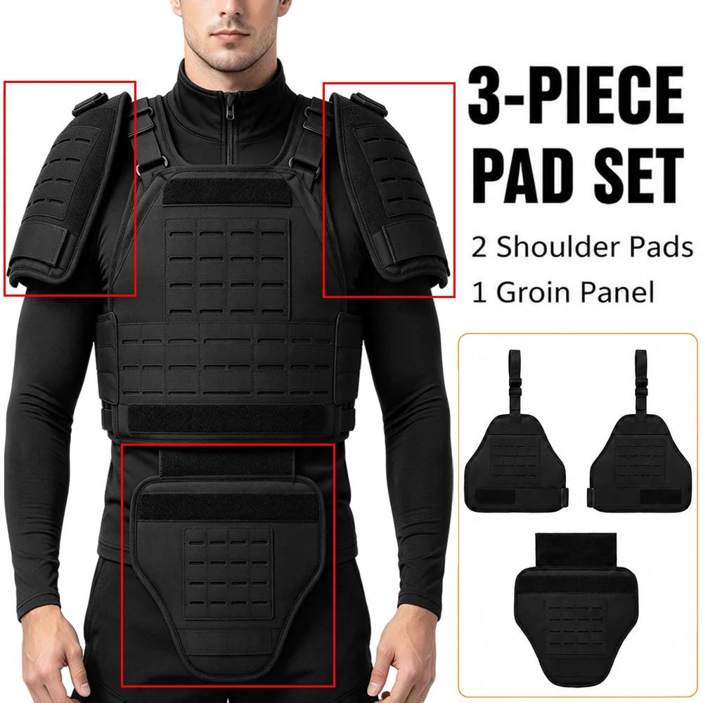 3Pcs Shoulder Pad Groin Protector Set Universal Crotch Protector Panel Shoulder Pad Vest Expansion Kit for Paintball Airsoft