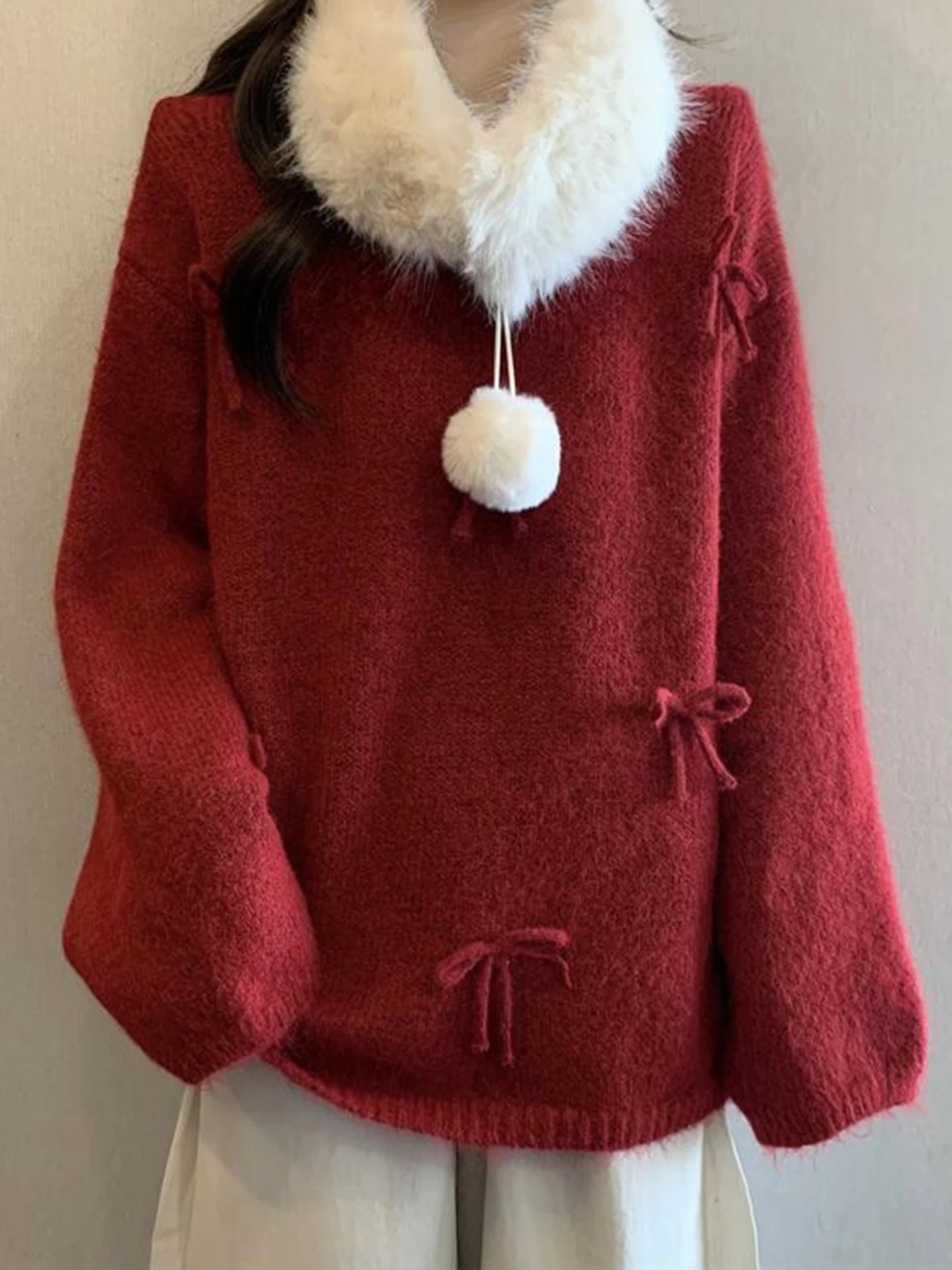 

Красный свободный вязаный свитер для женщин с узлом, осенне-зимний, модный, повседневный, удобный, теплый, с круглым вырезом