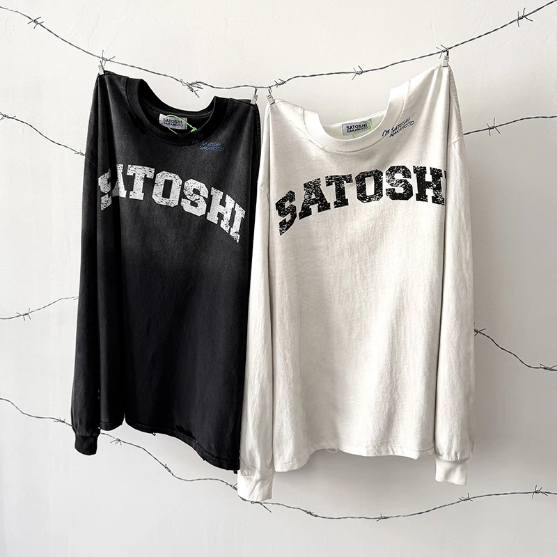 SATOSHI Long-sleeved T-shirts 280g Pure Cotton Vintage Washed Letter Print T Shirt Men Women Street Oversized Tee Tops