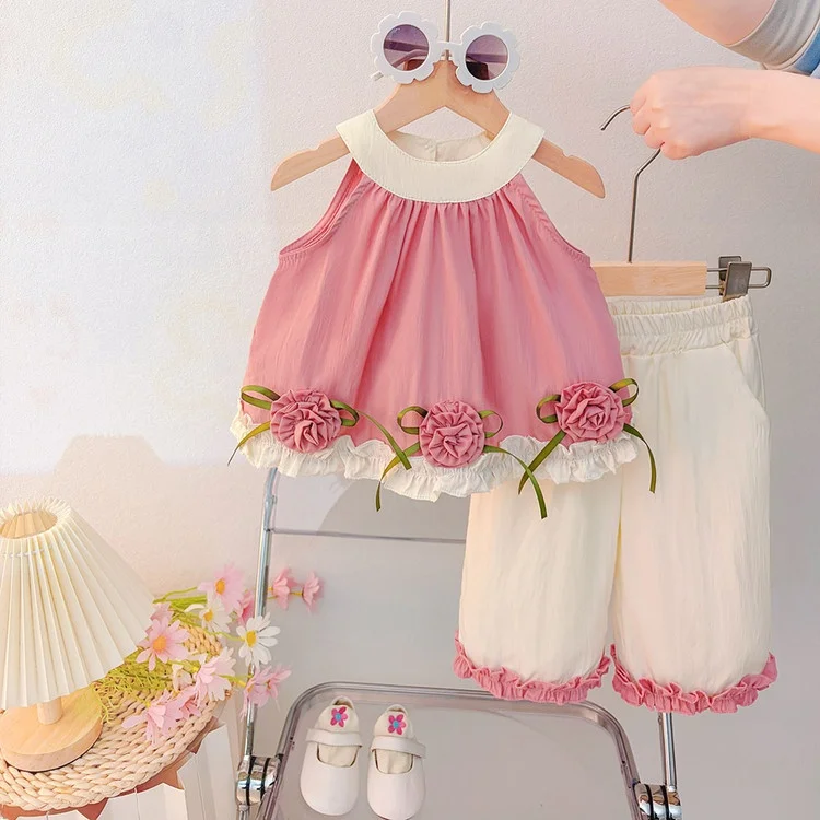 Conjunto de Vestido de Verão para Meninas em Duas Peças com Três Rosas, Saia de Princesa, Conjunto Fashion para Bebê Menina, Moda Infantil